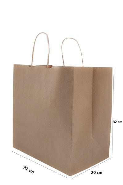 Kraft Kağıt Alışveriş, Hediye Çantası, Poşet Çanta, Büküm Saplı,  20x32x32 cm (25'li Paket)