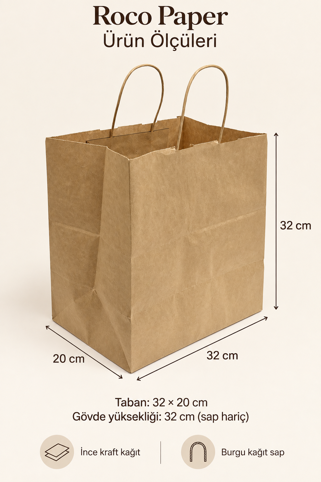 Kraft Kağıt Alışveriş, Hediye Çantası, Poşet Çanta, Büküm Saplı,  20x32x32 cm (25'li Paket)