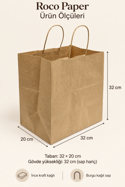 Kraft Kağıt Alışveriş, Hediye Çantası, Poşet Çanta, Büküm Saplı,  20x32x32 cm (25'li Paket)