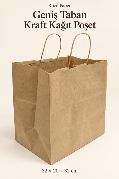 Kraft Kağıt Alışveriş, Hediye Çantası, Poşet Çanta, Büküm Saplı,  20x32x32 cm (25'li Paket)