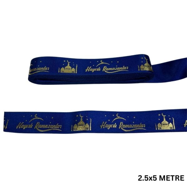 Hayırlı Ramazanlar Yazılı Hediye Paketleme Kurdelesi, Altın Varak Lacivert Saten Kurdele, 2.5cm x 5m