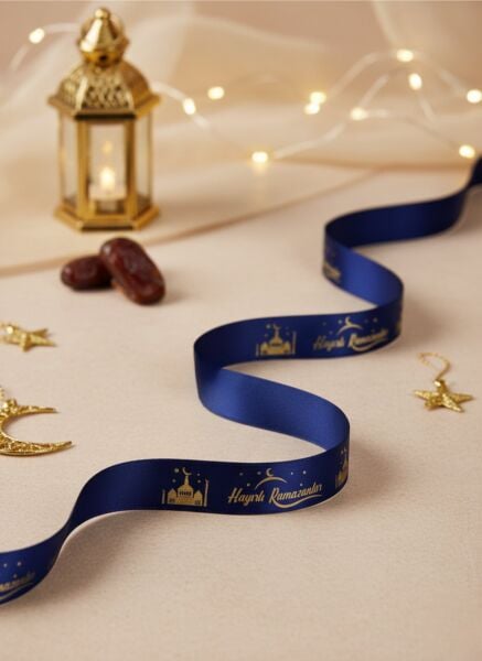Hayırlı Ramazanlar Yazılı Hediye Paketleme Kurdelesi, Altın Varak Lacivert Saten Kurdele, 2.5cm x 5m