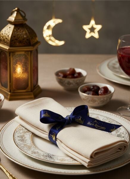 Hayırlı Ramazanlar Yazılı Hediye Paketleme Kurdelesi, Altın Varak Lacivert Saten Kurdele, 2.5cm x 5m