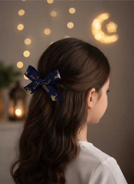 Hayırlı Ramazanlar Yazılı Hediye Paketleme Kurdelesi, Altın Varak Lacivert Saten Kurdele, 2.5cm x 5m