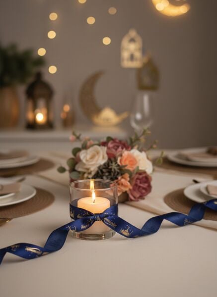 Hayırlı Ramazanlar Yazılı Hediye Paketleme Kurdelesi, Altın Varak Lacivert Saten Kurdele, 2.5cm x 5m