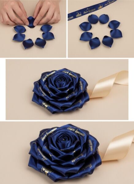 Hayırlı Ramazanlar Yazılı Hediye Paketleme Kurdelesi, Altın Varak Lacivert Saten Kurdele, 2.5cm x 5m