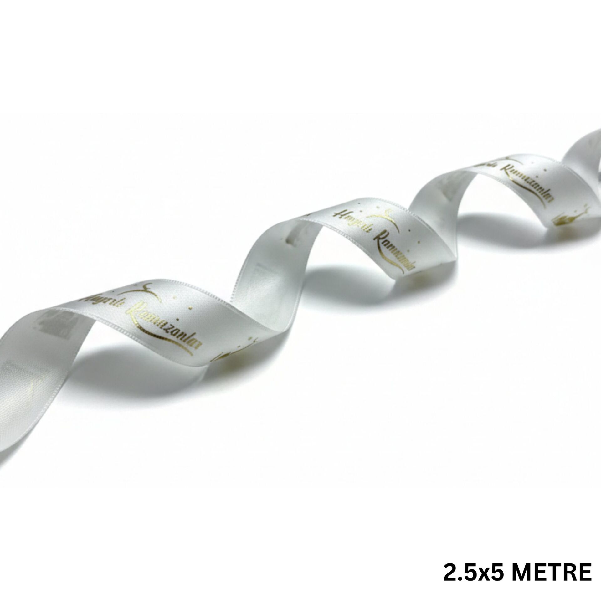 Hayırlı Ramazanlar Yazılı Hediye Paketleme Kurdelesi, Altın Varak Saten Kurdele, 2.5cm x 5m, Krem