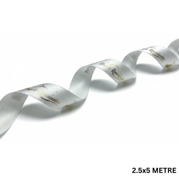 Hayırlı Ramazanlar Yazılı Hediye Paketleme Kurdelesi, Altın Varak Saten Kurdele, 2.5cm x 5m, Krem