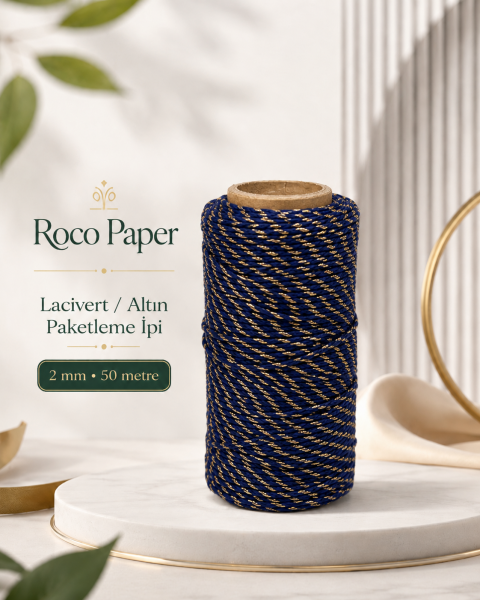 Lacivert Altın Renkli Dekoratif İp, Hediye Paketleme, Ramazan Süsleme ve El İşi Malzemesi, 50m - 2mm