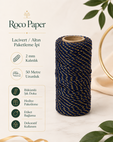 Lacivert Altın Renkli Dekoratif İp, Hediye Paketleme, Ramazan Süsleme ve El İşi Malzemesi, 50m - 2mm