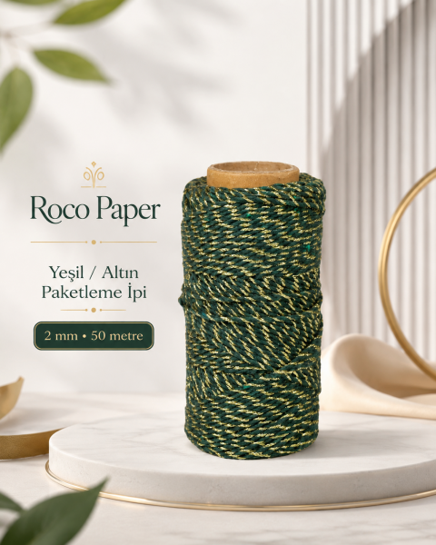 Koyu Yeşil Altın Dekoratif İp, Hediye Paketleme, Ramazan Süsleme İpi ve El İşi Malzemesi, 50m - 2mm