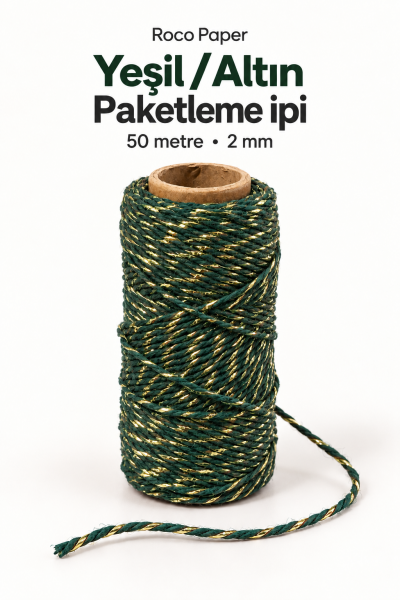 Koyu Yeşil Altın Dekoratif İp, Hediye Paketleme, Ramazan Süsleme İpi ve El İşi Malzemesi, 50m - 2mm