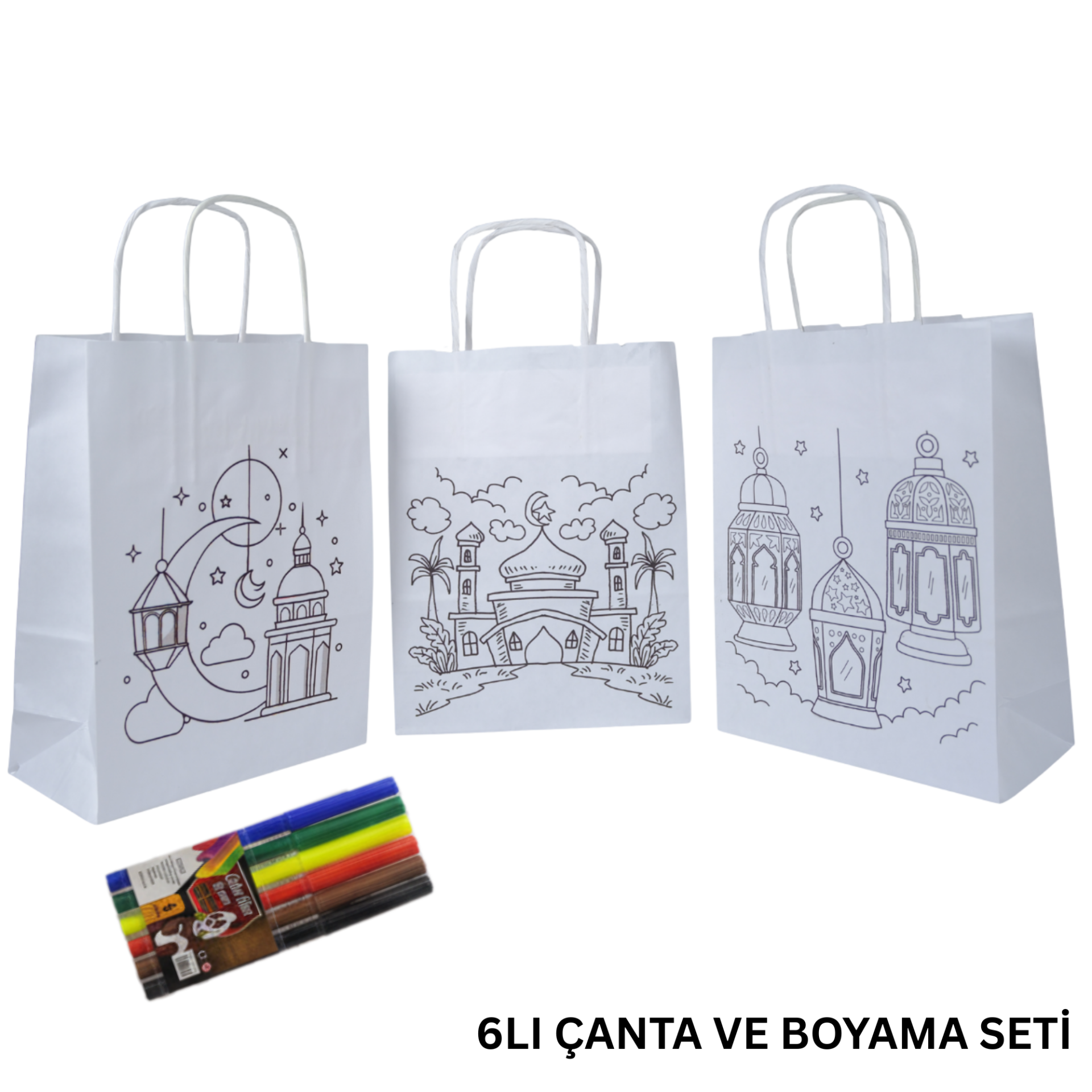 Ramazan Temalı 6lı Boyanabilir Hediye Çanta ve 6 Renk Keçeli Kalem Seti, 8x18x23Cm, 3 Desen-12 Parça
