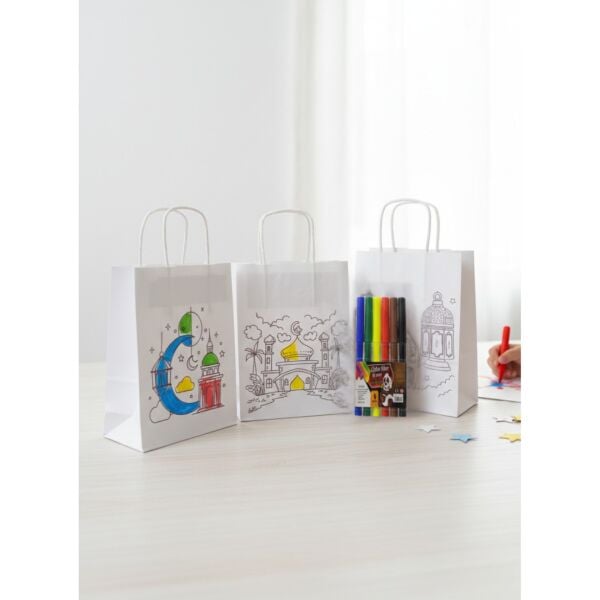 Ramazan Temalı 6lı Boyanabilir Hediye Çanta ve 6 Renk Keçeli Kalem Seti, 8x18x23Cm, 3 Desen-12 Parça