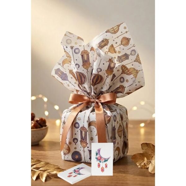 Ramazan Temalı Pelur Kağıdı, İftar Hediye Paketleme Kağıdı, Beyaz Zemin, 18 g/m - 30x45 Cm, 12 Adet