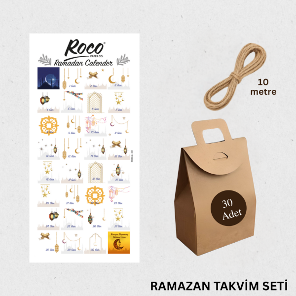 Ramazan Takvim Seti - 30 Günlük Advent Calendar - 30 Adet Kraft Çanta + Sticker + Jüt İp(10m)
