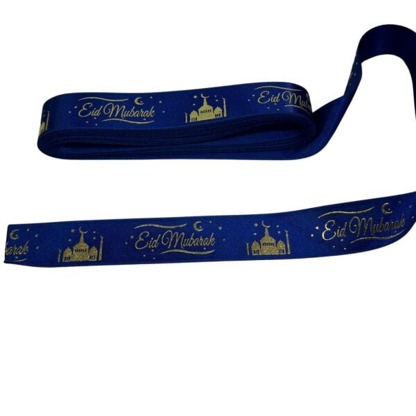 Eid Mubarak Yazılı Hediye Paketleme Kurdelesi, Altın Varak Lacivert Saten Kurdele, 2.5cm x 5m
