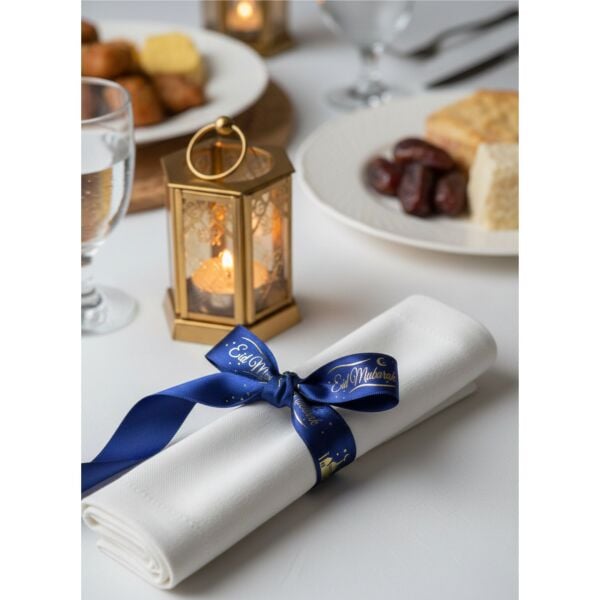 Eid Mubarak Yazılı Hediye Paketleme Kurdelesi, Altın Varak Lacivert Saten Kurdele, 2.5cm x 5m