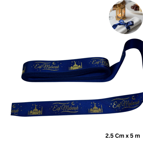 Eid Mubarak Yazılı Hediye Paketleme Kurdelesi, Altın Varak Lacivert Saten Kurdele, 2.5cm x 5m