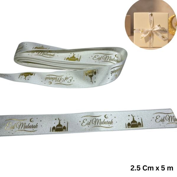 Eid Mubarak Yazılı Hediye Paketleme Kurdelesi, Altın Varak Krem Saten Kurdele, 2.5cm x 5m
