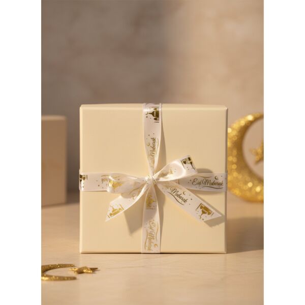 Eid Mubarak Yazılı Hediye Paketleme Kurdelesi, Altın Varak Krem Saten Kurdele, 2.5cm x 5m