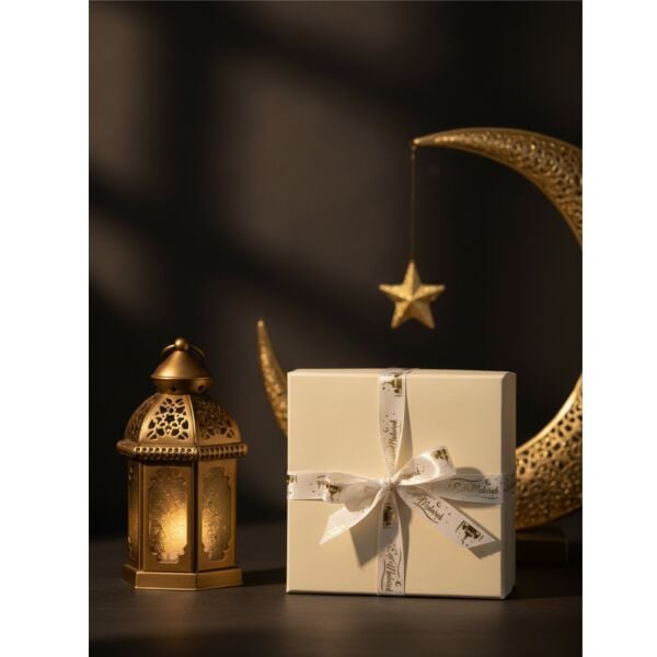 Eid Mubarak Yazılı Hediye Paketleme Kurdelesi, Altın Varak Krem Saten Kurdele, 2.5cm x 5m