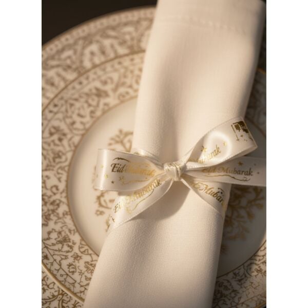 Eid Mubarak Yazılı Hediye Paketleme Kurdelesi, Altın Varak Krem Saten Kurdele, 2.5cm x 5m
