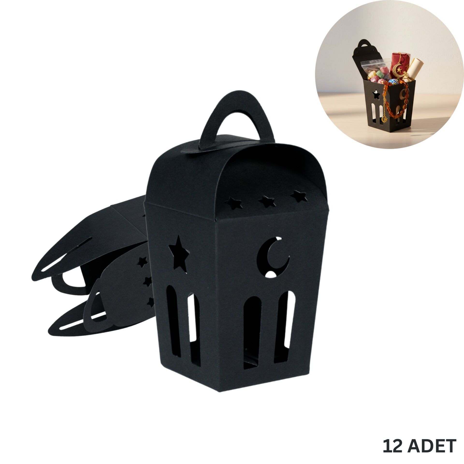 Ramazan Temalı Dekoratif Fener Kutusu, Ay Yıldız Kesim Hediyelik Şekerleme Kutu Seti, 6x9 Cm-12 Adet, Siyah