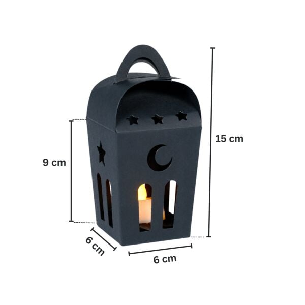 Ramazan Temalı Dekoratif Fener Kutusu, Ay Yıldız Kesim Hediyelik Şekerleme Kutu Seti, 6x9 Cm-12 Adet, Siyah