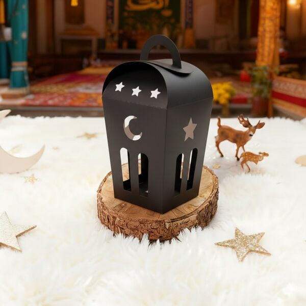 Ramazan Temalı Dekoratif Fener Kutusu, Ay Yıldız Kesim Hediyelik Şekerleme Kutu Seti, 6x9 Cm-12 Adet, Siyah