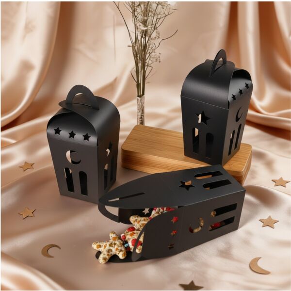 Ramazan Temalı Dekoratif Fener Kutusu, Ay Yıldız Kesim Hediyelik Şekerleme Kutu Seti, 6x9 Cm-12 Adet, Siyah