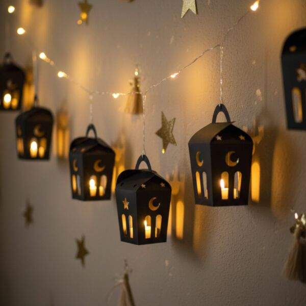 Ramazan Temalı Dekoratif Fener Kutusu, Ay Yıldız Kesim Hediyelik Şekerleme Kutu Seti, 6x9 Cm-12 Adet, Siyah