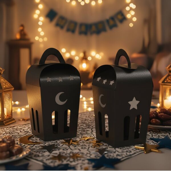 Ramazan Temalı Dekoratif Fener Kutusu, Ay Yıldız Kesim Hediyelik Şekerleme Kutu Seti, 6x9 Cm- 6 Adet, Siyah