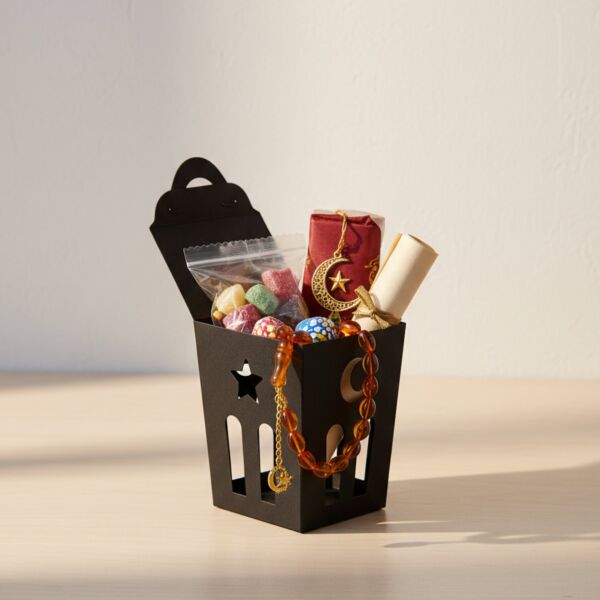 Ramazan Temalı Dekoratif Fener Kutusu, Ay Yıldız Kesim Hediyelik Şekerleme Kutu Seti, 6x9 Cm- 6 Adet, Siyah