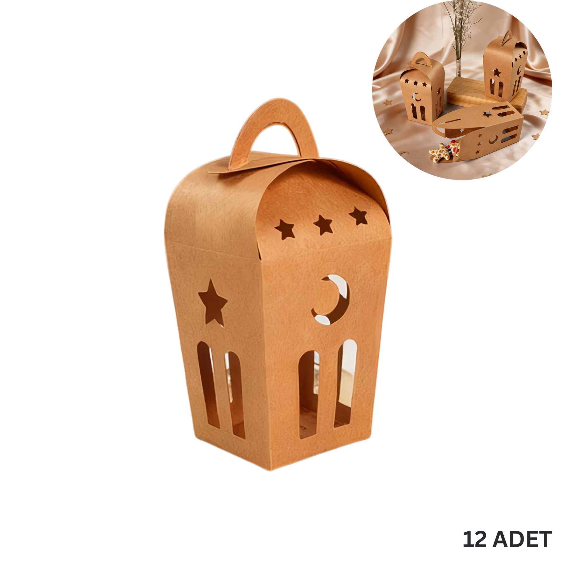 Ramazan Temalı Dekoratif Fener Kutusu, Ay Yıldız Kesim Hediyelik Kutu Seti, 6x9 Cm-12 Adet, Kraft
