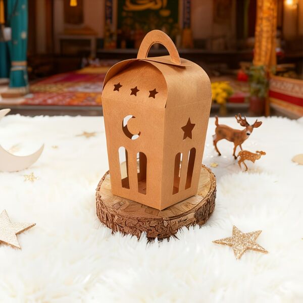 Ramazan Temalı Dekoratif Fener Kutusu, Ay Yıldız Kesim Hediyelik Kutu Seti, 6x9 Cm-12 Adet, Kraft