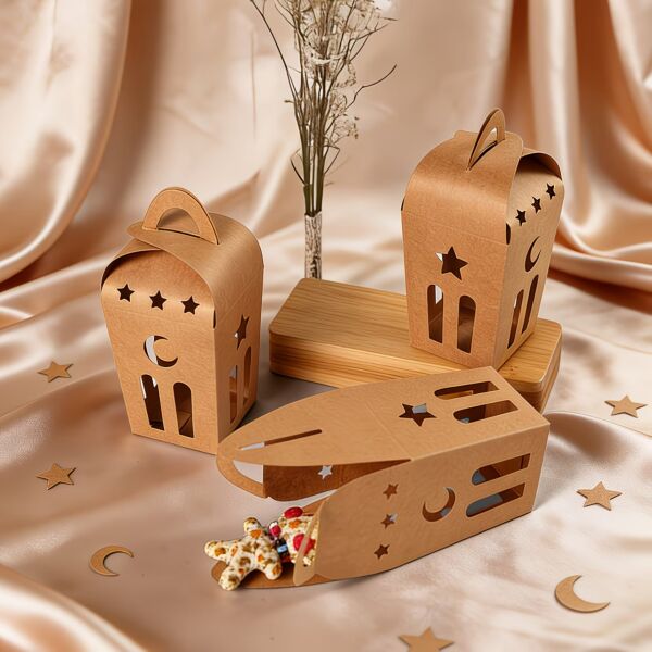 Ramazan Temalı Dekoratif Fener Kutusu, Ay Yıldız Kesim Hediyelik Kutu Seti, 6x9 Cm-12 Adet, Kraft