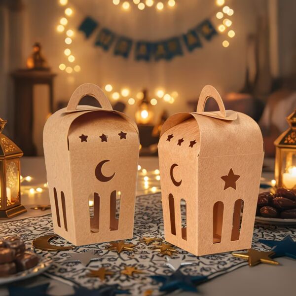 Ramazan Temalı Dekoratif Fener Kutusu, Ay Yıldız Kesim Hediyelik Kutu Seti, 6x9 Cm-12 Adet, Kraft