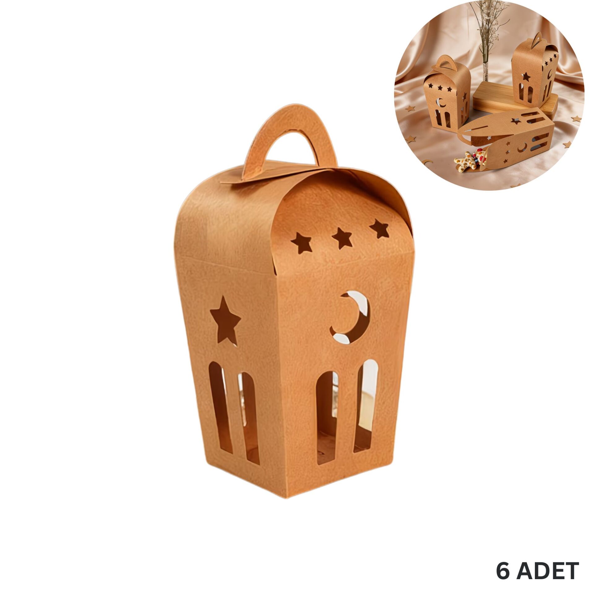 Ramazan Temalı Dekoratif Fener Kutusu, Ay Yıldız Kesim Hediyelik Kutu Seti, 6x9 Cm - 6 Adet, Kraft