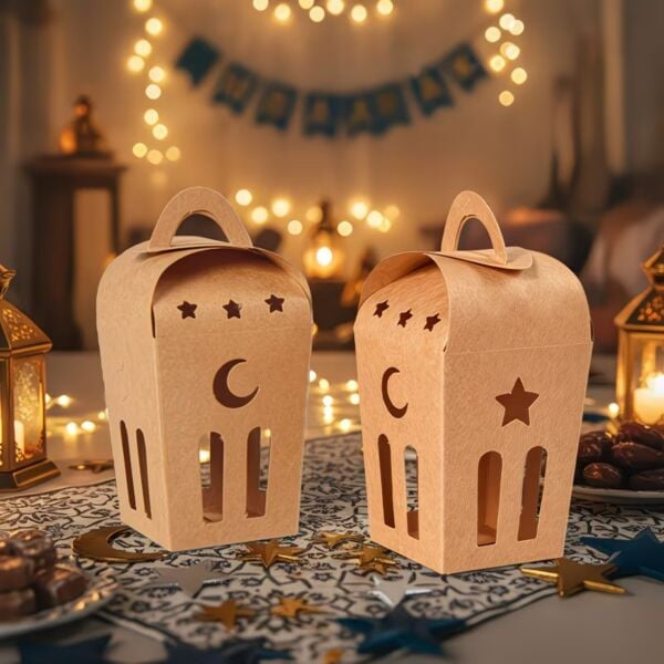Ramazan Temalı Dekoratif Fener Kutusu, Ay Yıldız Kesim Hediyelik Kutu Seti, 6x9 Cm - 6 Adet, Kraft