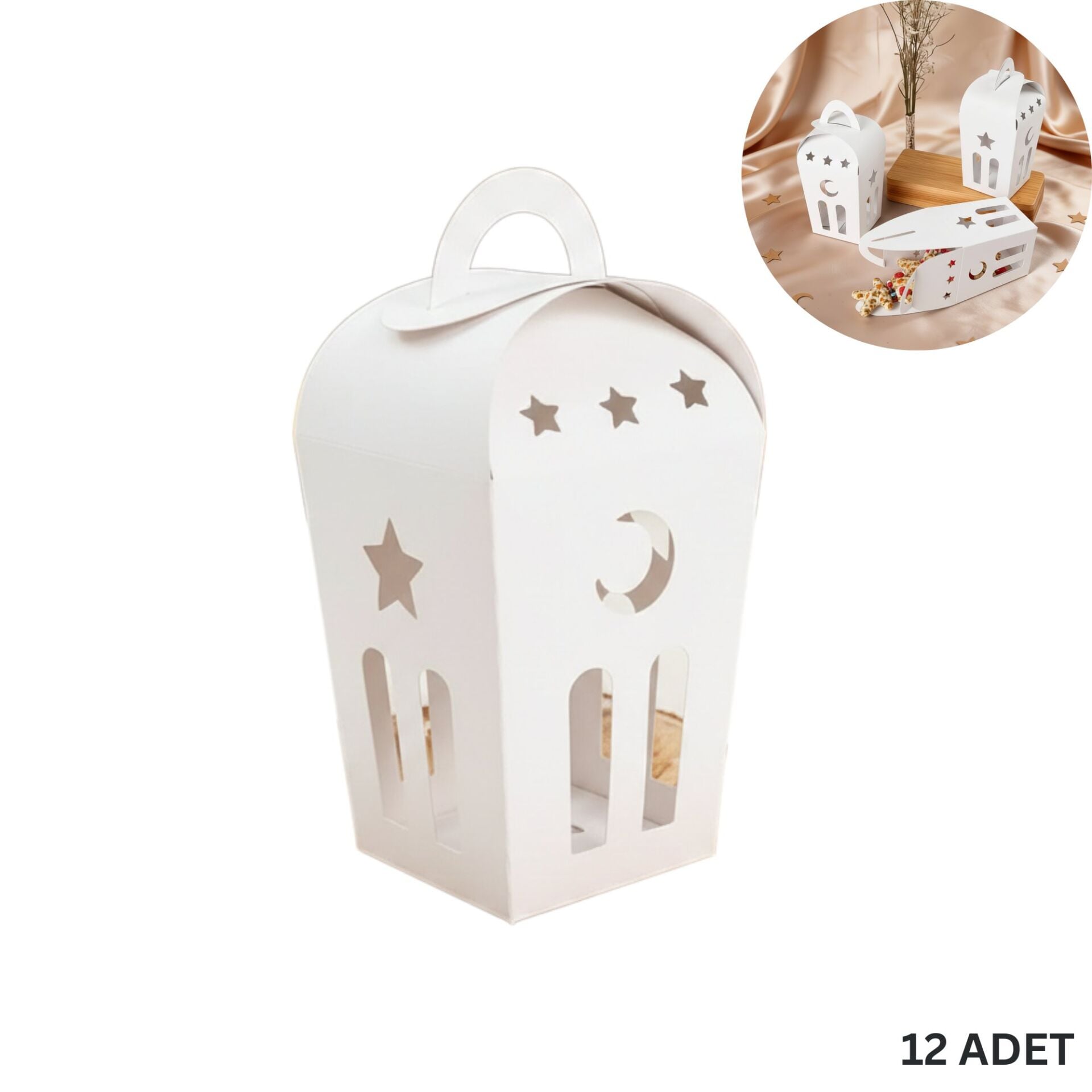 Ramazan Temalı Dekoratif Beyaz Fener Kutusu, Ay Yıldız Kesim Hediyelik Kutu Seti, 6x9 Cm - 12 Adet