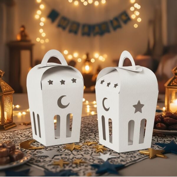 Ramazan Temalı Dekoratif Beyaz Fener Kutusu, Ay Yıldız Kesim Hediyelik Kutu Seti, 6x9 Cm - 12 Adet
