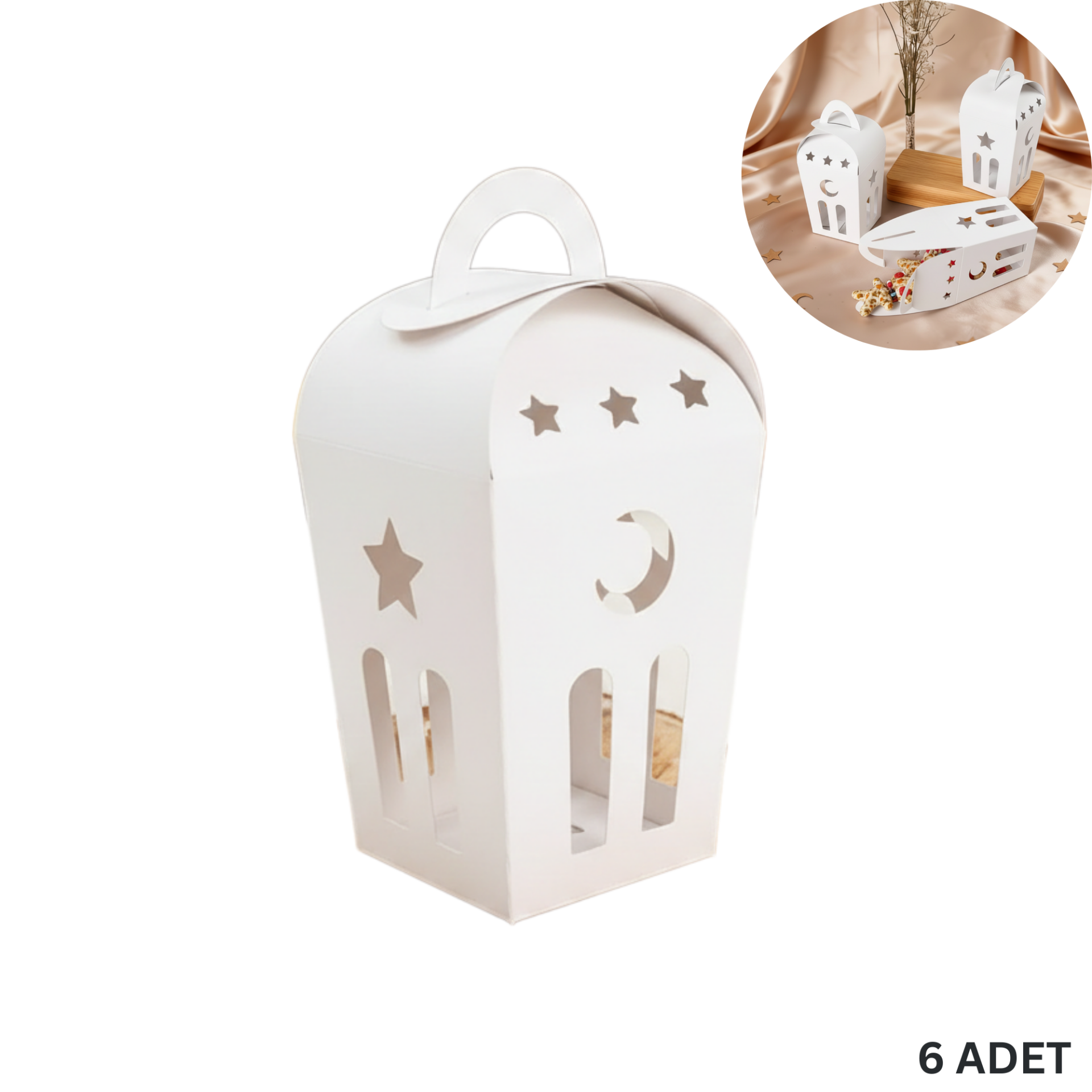 Ramazan Temalı Dekoratif Fener Kutusu, Ay Yıldız Kesim Hediyelik Kutu Seti, Beyaz, 6x9 Cm - 6 Adet