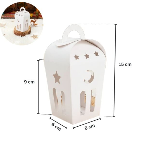Ramazan Temalı Dekoratif Fener Kutusu, Ay Yıldız Kesim Hediyelik Kutu Seti, Beyaz, 6x9 Cm - 6 Adet