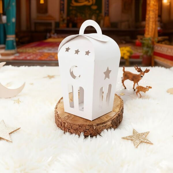 Ramazan Temalı Dekoratif Fener Kutusu, Ay Yıldız Kesim Hediyelik Kutu Seti, Beyaz, 6x9 Cm - 6 Adet