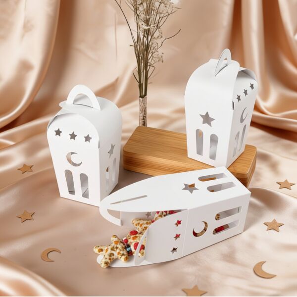 Ramazan Temalı Dekoratif Fener Kutusu, Ay Yıldız Kesim Hediyelik Kutu Seti, Beyaz, 6x9 Cm - 6 Adet