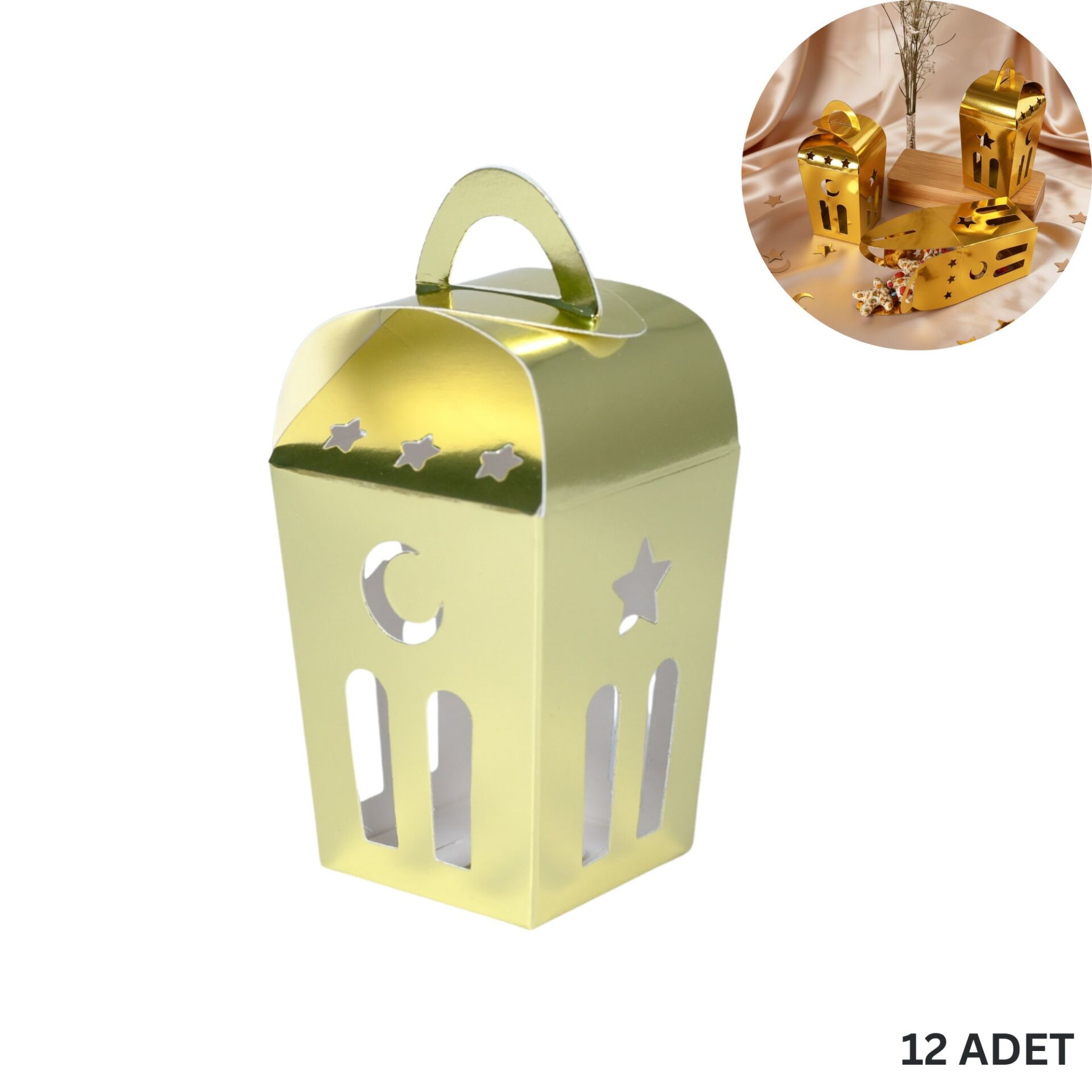 Ramazan Temalı Dekoratif Altın Fener Kutusu, Ay Yıldız Kesim Hediyelik Kutu Seti, 6x9 Cm - 12 Adet
