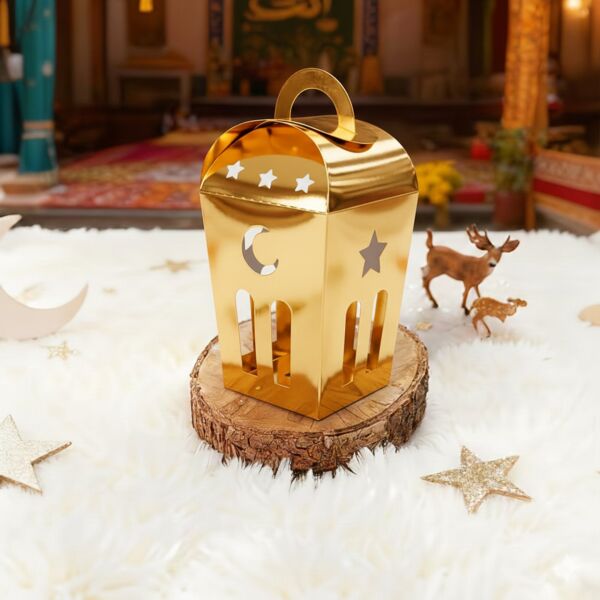 Ramazan Temalı Dekoratif Altın Fener Kutusu, Ay Yıldız Kesim Hediyelik Kutu Seti, 6x9 Cm - 12 Adet