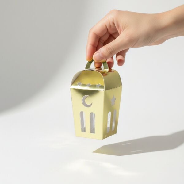 Ramazan Temalı Dekoratif Altın Fener Kutusu, Ay Yıldız Kesim Hediyelik Kutu Seti, 6x9 Cm - 12 Adet
