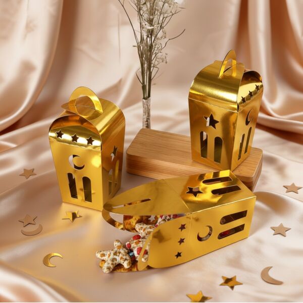 Ramazan Temalı Dekoratif Altın Fener Kutusu, Ay Yıldız Kesim Hediyelik Kutu Seti, 6x9 Cm - 12 Adet